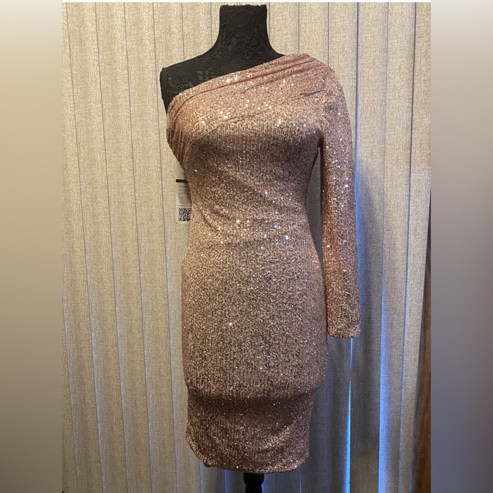 Dalia MacPhee New One Shoulder Sequin Midi Cocktail Dress Rose Gold